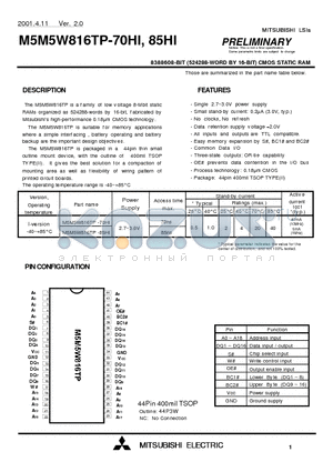 M5M5W816TP-85HI datasheet - 8388608-BIT (524288-WORD BY 16-BIT) CMOS STATIC RAM