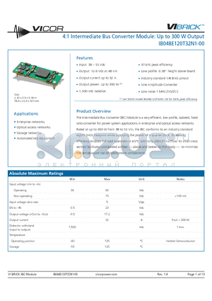 IB048E120T32N2-OO datasheet - 4:1 Intermediate Bus Converter Module: Up to 300 W Output