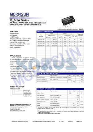 IB0505S-2W datasheet - SINGLE OUTPUT DC-DC CONVERTER