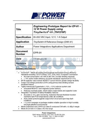 EPR-91 datasheet - Engineering Prototype Report for EP-91 - 12 W Power Supply using