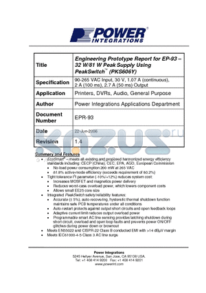 EPR-93 datasheet - Engineering Prototype Report for EP 93 - 32 W/81 W Peak Supply Using PeakSwitch- (PKS606Y)