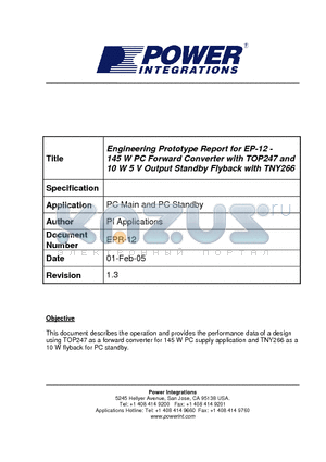 EPR-12 datasheet - Engineering Prototype Report for EP-12 - 145 W PC Forward Converter with TOP247 and 10 W 5 V Output Standby Flyback with TNY266