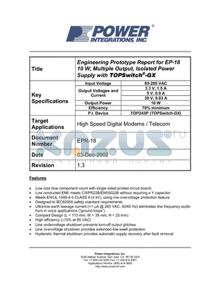 EPR-18 datasheet - Engineering Prototype Report for EP-18 10 W, Multiple Output, Isolated Power Supply with