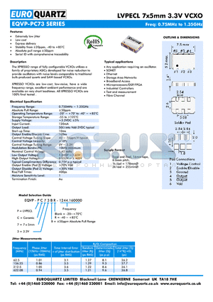 EQVP-PC73 datasheet - LVPECL 7x5mm 3.3V VCXO