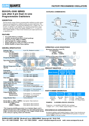 EQXOPL-2025UI datasheet - Low Jitter 8 pin Dual-in-Line Programmable Oscillators