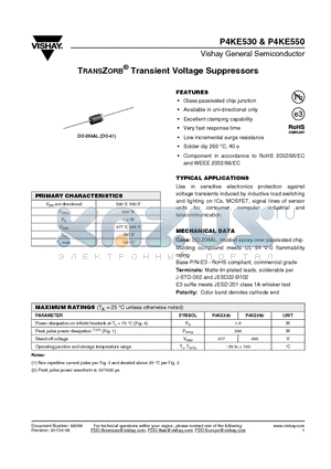 P4KE550-E3/54 datasheet - TRANSZORB^ Transient Voltage Suppressors