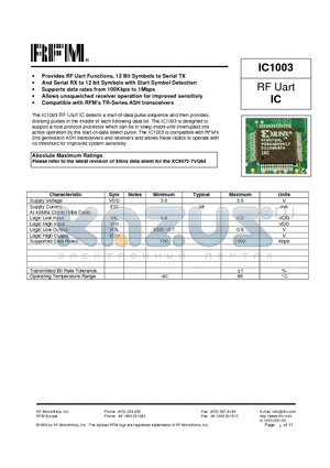 IC1003 datasheet - RF Uart