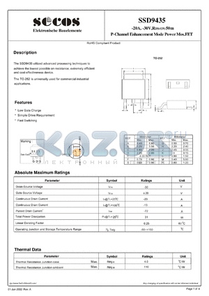 SSD9435 datasheet - P-Channel Enhancement Mode Power Mos.FET