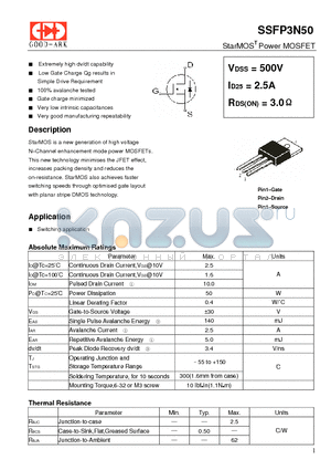 SSFP3N50 datasheet - StarMOST Power MOSFET