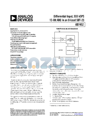 EVAL-AD7452CB3 datasheet - Differential Input, 555 kSPS 12-Bit ADC in an 8-Lead SOT-23