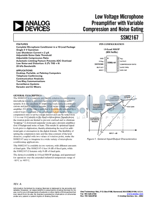 SSM2167 datasheet - Low Voltage Microphone Preamplifier with Variable Compression and Noise Gating