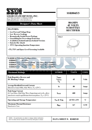 SSR8045/3 datasheet - 80AMPS 45 VOLTS SCHOTTKY RECTIFIER