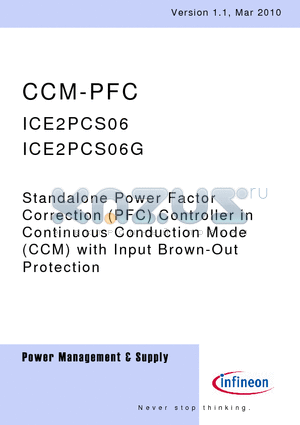 ICE2PCS06G datasheet - Standalone Power Factor Correction (PFC) Controller in Continuous Conduction Mode (CCM) with Input Brown-Out Protection