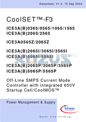 ICE3B5565I datasheet - Off-Line SMPS Current Mode Controller with integrated 650V Startup Cell/CoolMOS