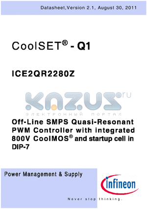 ICE2QR2280Z datasheet - Off-Line SMPS Quasi-Resonant PWM Controller with integrated 800V CoolMOS^ and startup cell in DIP-7