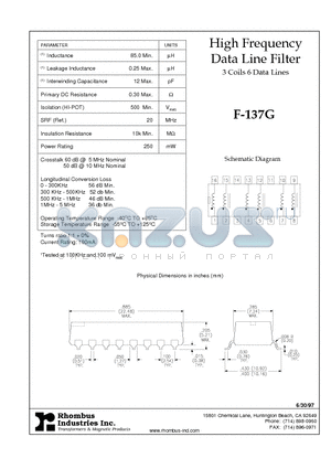 F-137G datasheet - High Frequency Data Line Filter 3 Coils 6 Data Lines