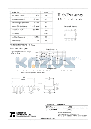 F-1502 datasheet - High Frequency Data Line Filter