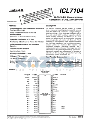 ICL7104 datasheet - 14-Bit/16-Bit, Microprocessor- Compatible, 2-Chip, A/D Converter