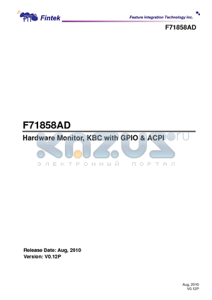 F71858AD datasheet - Hardware Monitor, KBC with GPIO & ACPI