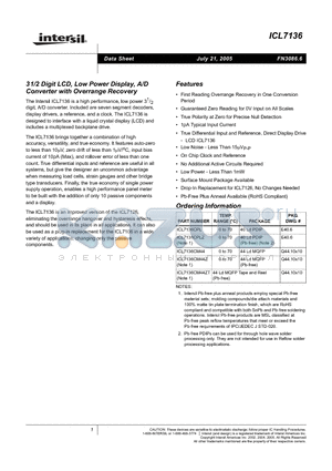 ICL7136CM44ZT datasheet - 3 1/2 Digit LCD/LED, Low Power Display, A/D Converters with Overrange Recovery