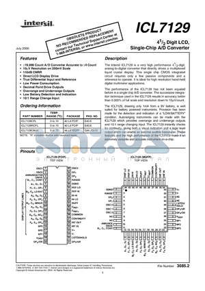 ICL7129_00 datasheet - 4m Digit LCD, Single-Chip A/D Converter