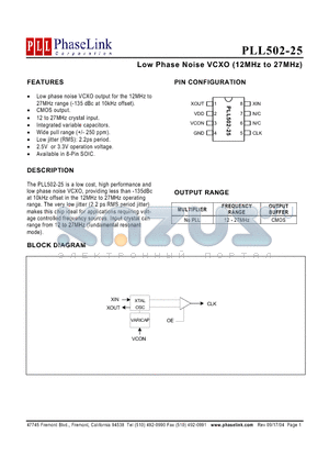 P502-25SC datasheet - Low Phase Noise VCXO (12MHz to 27MHz)