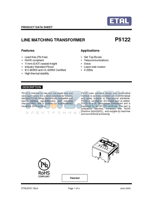 P5122 datasheet - LINE MATCHING TRANSFORMER
