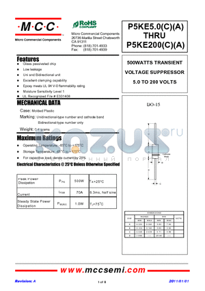 P5KE7.5 datasheet - 500WATTS TRANSIENT VOLTAGE SUPPRESSOR 5.0 TO 200 VOLTS