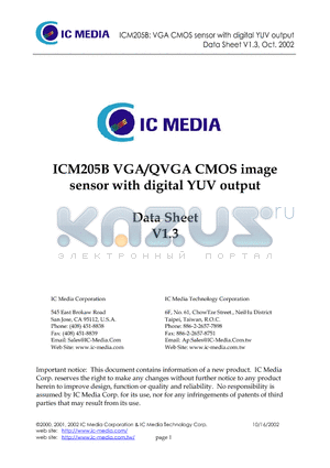 ICM205B datasheet - VGA/QVGA CMOS image sensor with digital YUV output