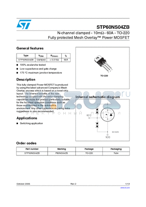 P60NS04ZB datasheet - N-channel clamped - 10mohm - 60A - TO-220 Fully protected Mesh Overlay Power MOSFET