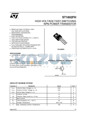 ST1802FH datasheet - HIGH VOLTAGE FAST-SWITCHING NPN POWER TRANSISTOR