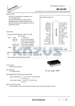 M61301SP datasheet - BUS CONTROLLED 3CH VIDEO PRE-AMP FOR CRT DISPLAY MONITOR