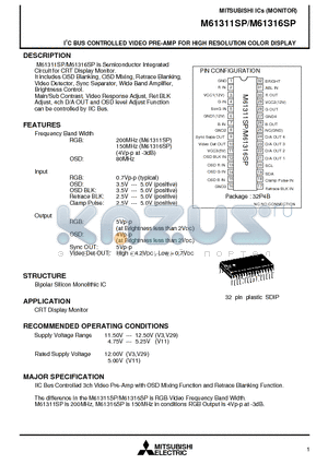 M61311SP datasheet - I2C BUS CONTROLLED VIDEO PRE-AMP FOR HIGH RESOLUTION COLOR DISPLAY