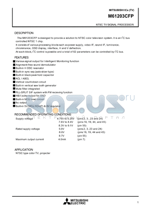 M61203CFP datasheet - NTSC TV SIGNAL PROCESSOR