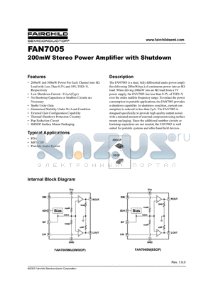 FAN7005MX datasheet - 200mW Stereo Power Amplifier with Shutdown