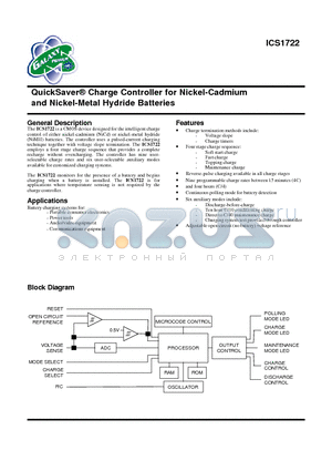 ICS1722N datasheet - QuickSaver-R Charge Controller for Nickel-Cadmium and Nickel-Metal Hydride Batteries