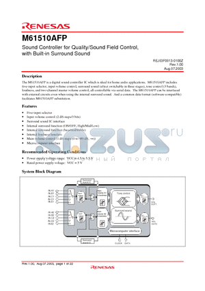 M61510AFP datasheet - Sound Controller for Quality/Sound Field Control, with Built-in Surround Sound