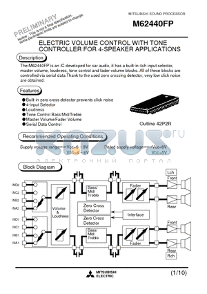 M62440 datasheet - ELECTRIC VOLUME CONTROL WITH TONE CONTROLLER FOR 4-SPEAKER APPLICATIONS