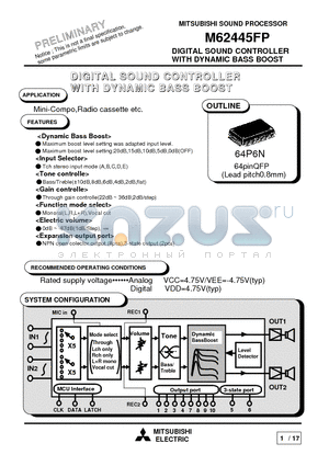 M62445 datasheet - DIGITAL SOUND CONTROLLER WITH DYNAMIC BASS BOOST