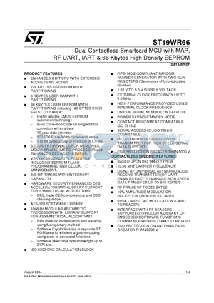 ST19WR66 datasheet - Dual Contactless Smartcard MCU with MAP, RF UART, IART & 66 Kbytes High Density EEPROM