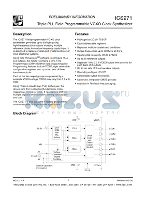 ICS271PGI datasheet - Triple PLL Field Programmable VCXO Clock Synthesizer
