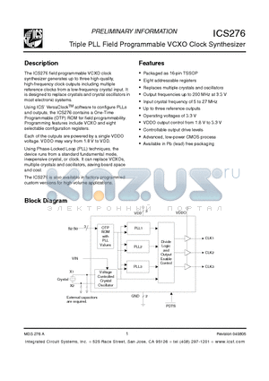 ICS276PGI datasheet - Triple PLL Field Programmable VCXO Clock Synthesizer