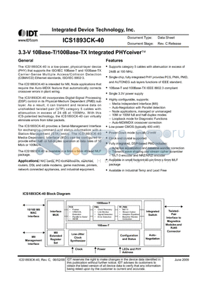 ICS1893CK-40 datasheet - 3.3-V 10Base-T/100Base-TX Integrated PHYceiver