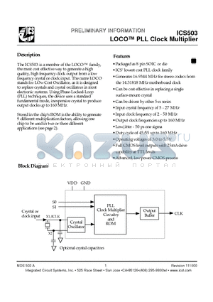 ICS503MT datasheet - LOCO PLL Clock Multiplier