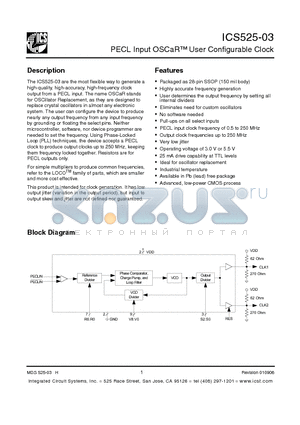 ICS525R-03I datasheet - PECL Input OSCaR-TM USER Configurable Clock