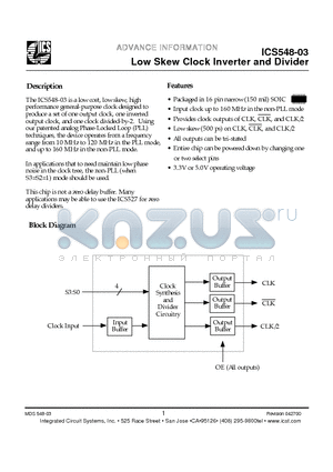 ICS548-03 datasheet - Low Skew Clock Inverter and Divider