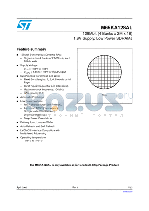 M65KA128AL datasheet - 128Mbit (4 Banks x 2M x 16) 1.8V Supply, Low Power SDRAMs