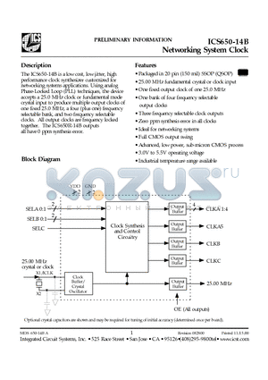 ICS650R-14 datasheet - Networking System Clock