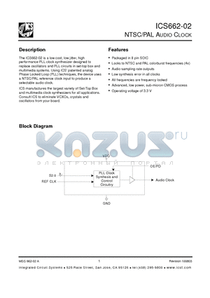 ICS662M-02 datasheet - NTSC/PAL AUDIO CLOCK