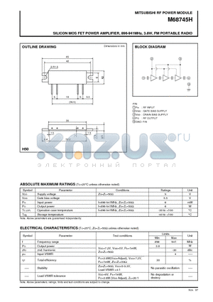 M68745H datasheet - SILICON MOS FET POWER AMPLIFIER, 896-941MHz, 3.8W, FM PORTABLE RADIO